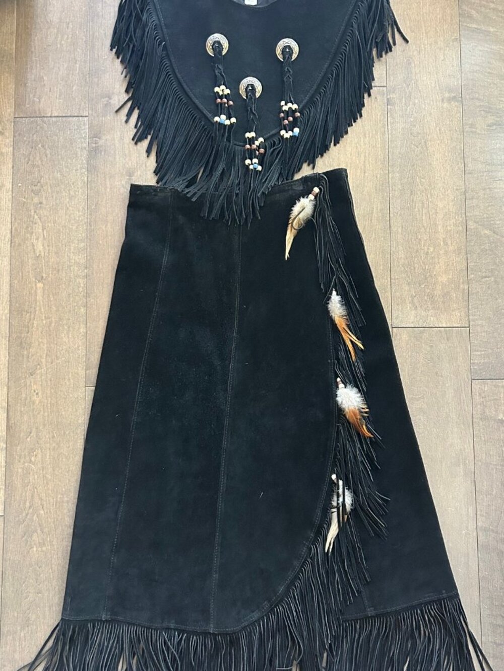 Steer Brand Genuine Leather Beaded and Fringed Collar and Skirt Set